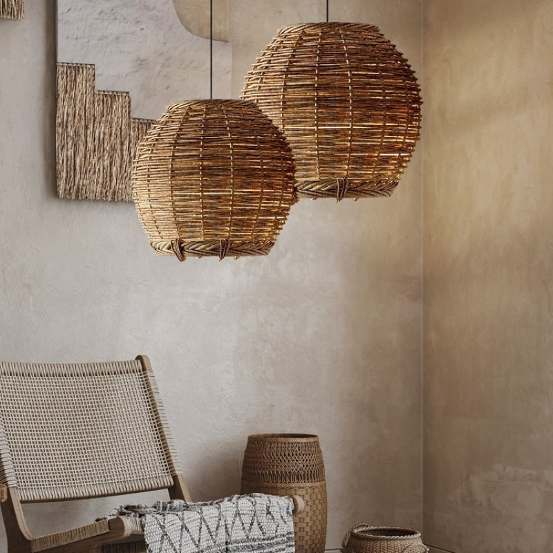 Ritta Suspension Luminaire LED Bois Rotin Salon/Salle à Manger