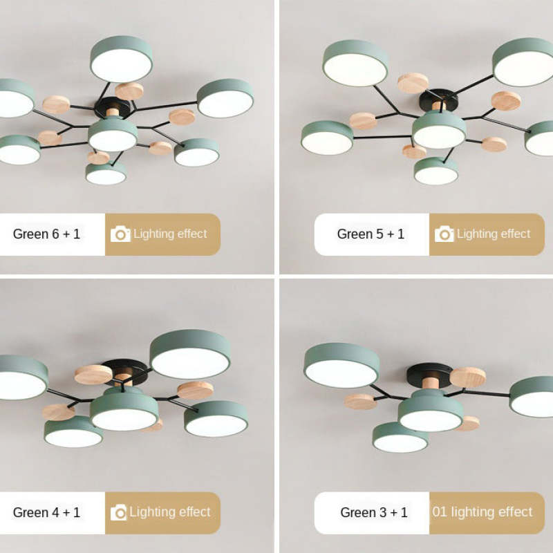 Arisha Plafonnier Rond Moderne, Métal/Bois, Blanc/Vert/Gris, Salon