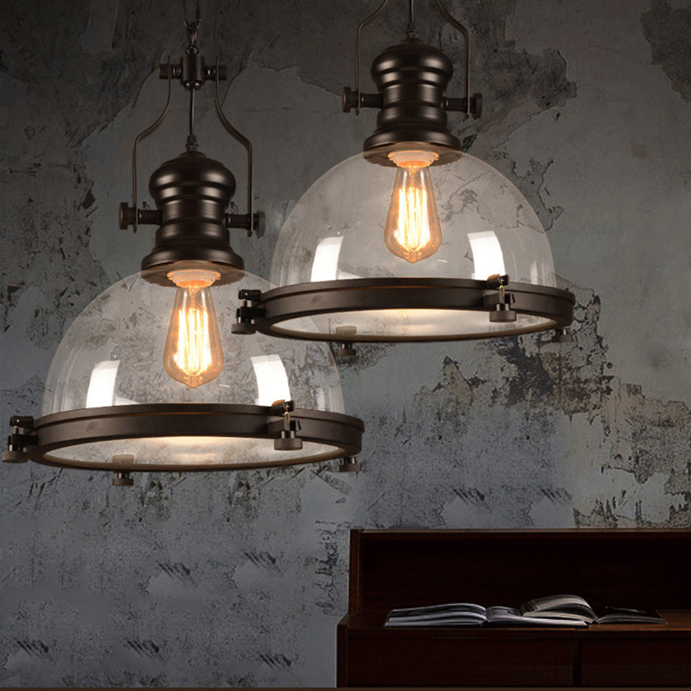 Silva Luminaires Suspensions Dôme Industrielle LED Vintage Verre/Métal Noir Salon/Chambre à Coucher
