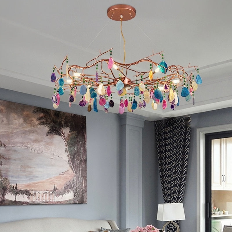 Valentina Art LED Suspension Doré Rosé Métal Pierre d'Agate Salon
