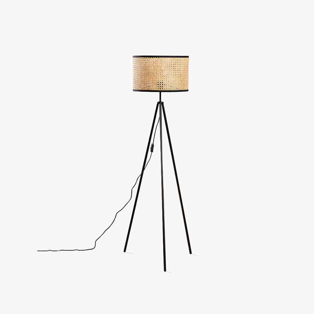 Ritta Lampadaire Trépied Moderne, Métal/Rotin, Bois, Salon
