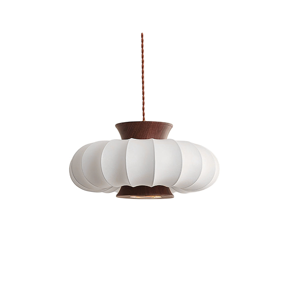 Aeron Pendant Light with white fabric shade and walnut accent.