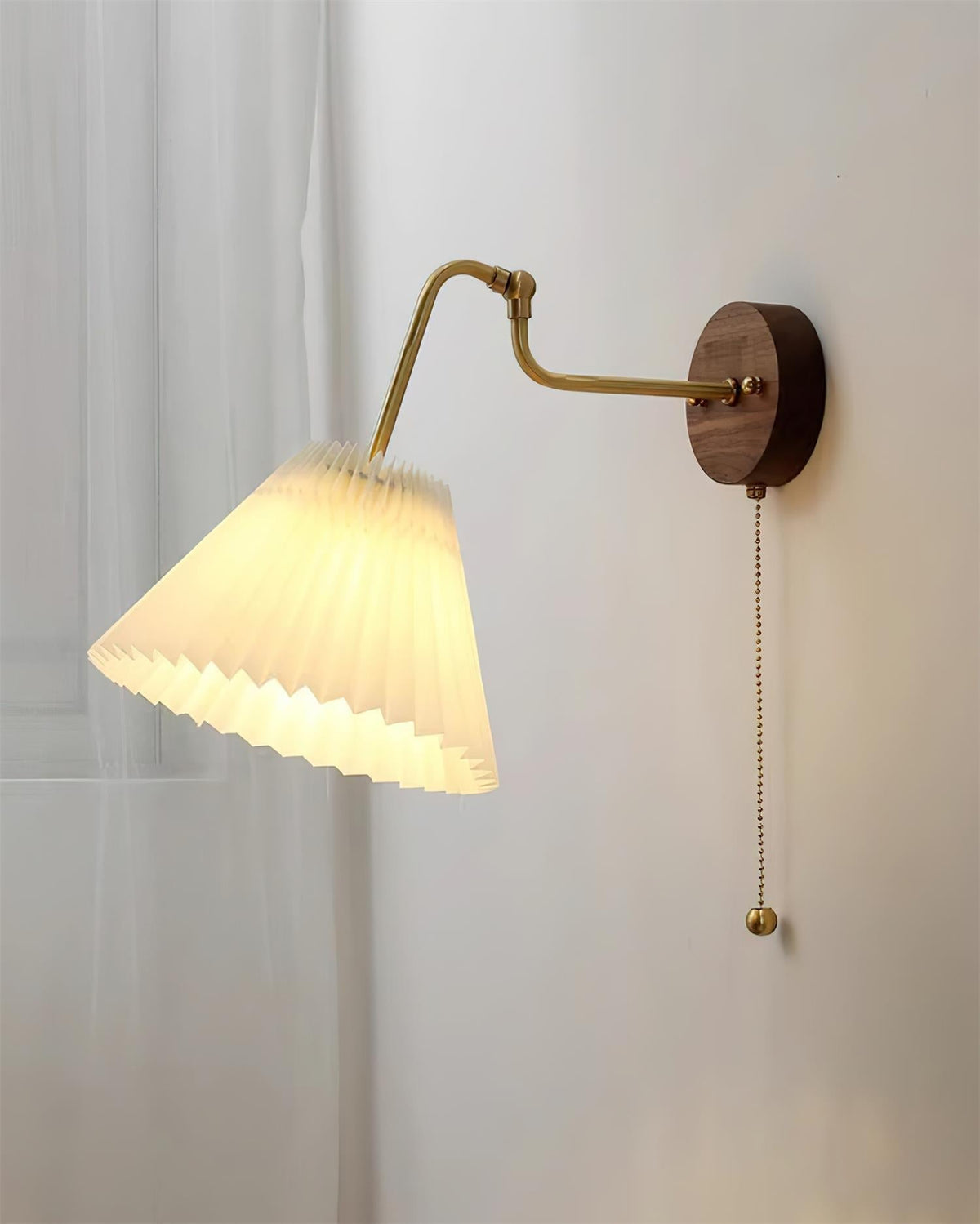 Vintage Brass & Walnut Wall Lamp with Pleated Fabric Shade-Neutral Decor