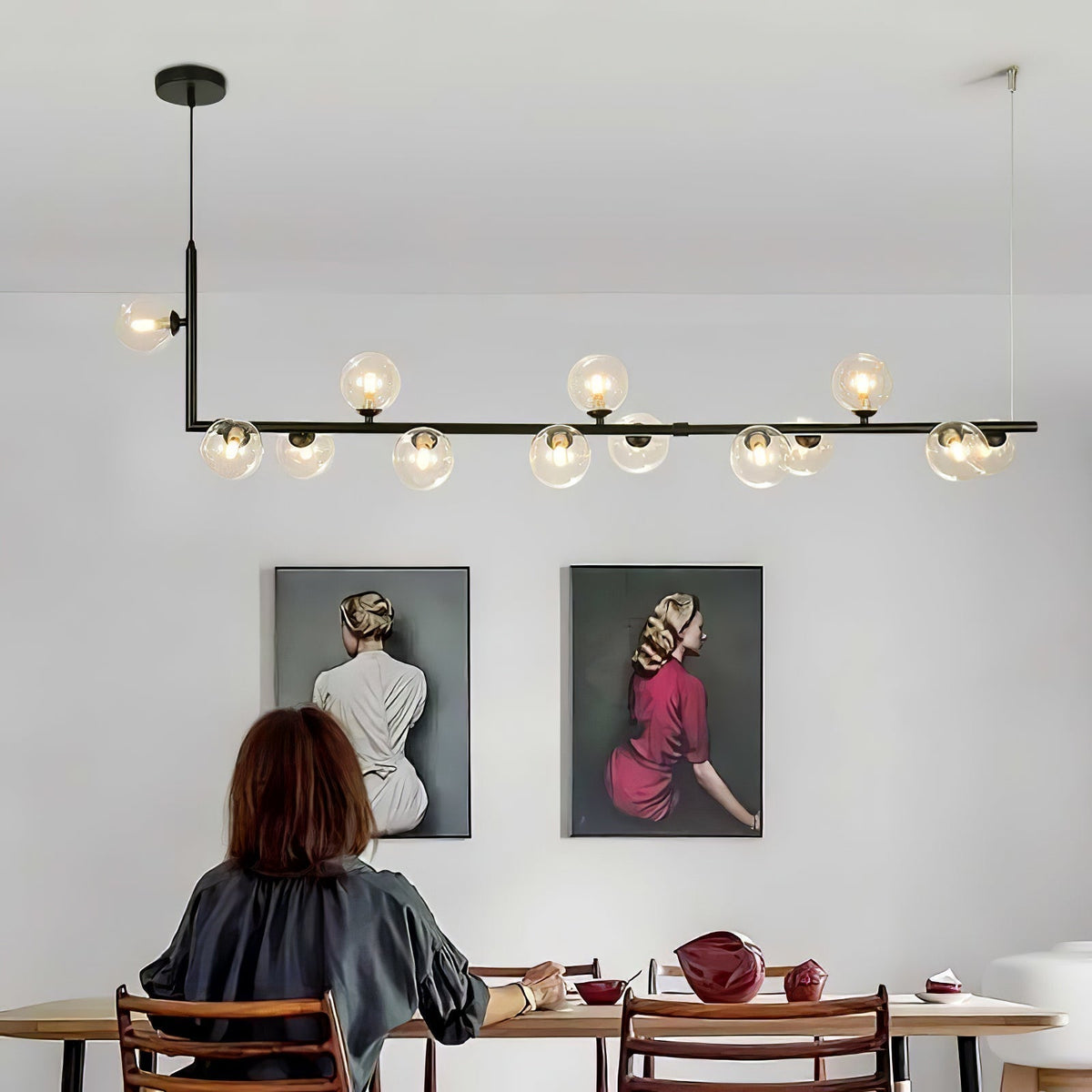 Finnise Lustre en Verre avec Structure en Acier Noir Linéaire