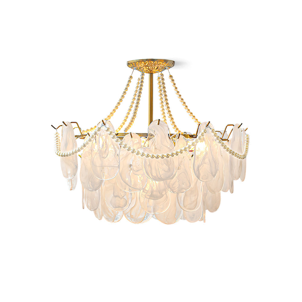 Alessia Chandelier with gold frame and white glass petals.