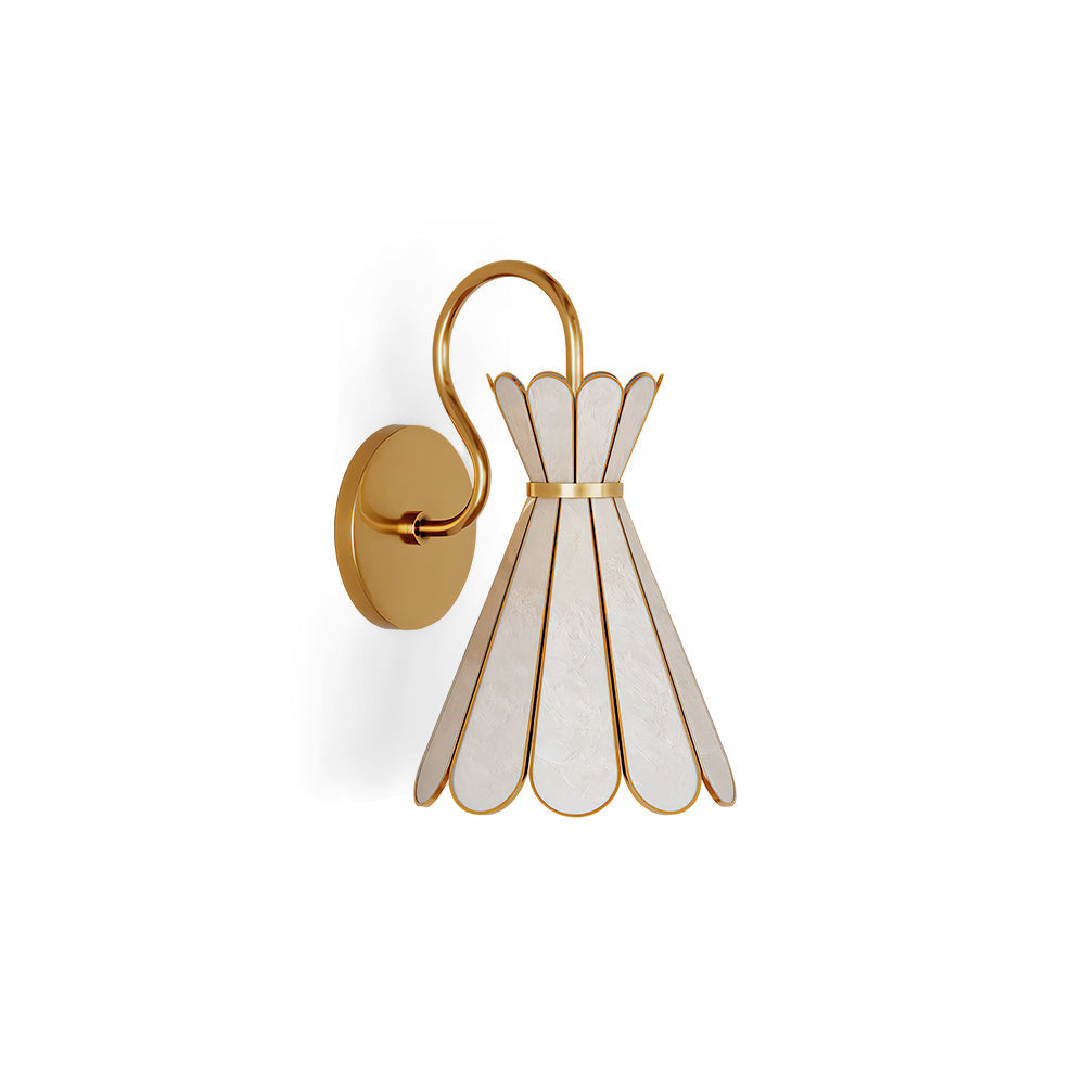 Front view of the Alito wall light, showcasing its brass finish and natural shell shade.