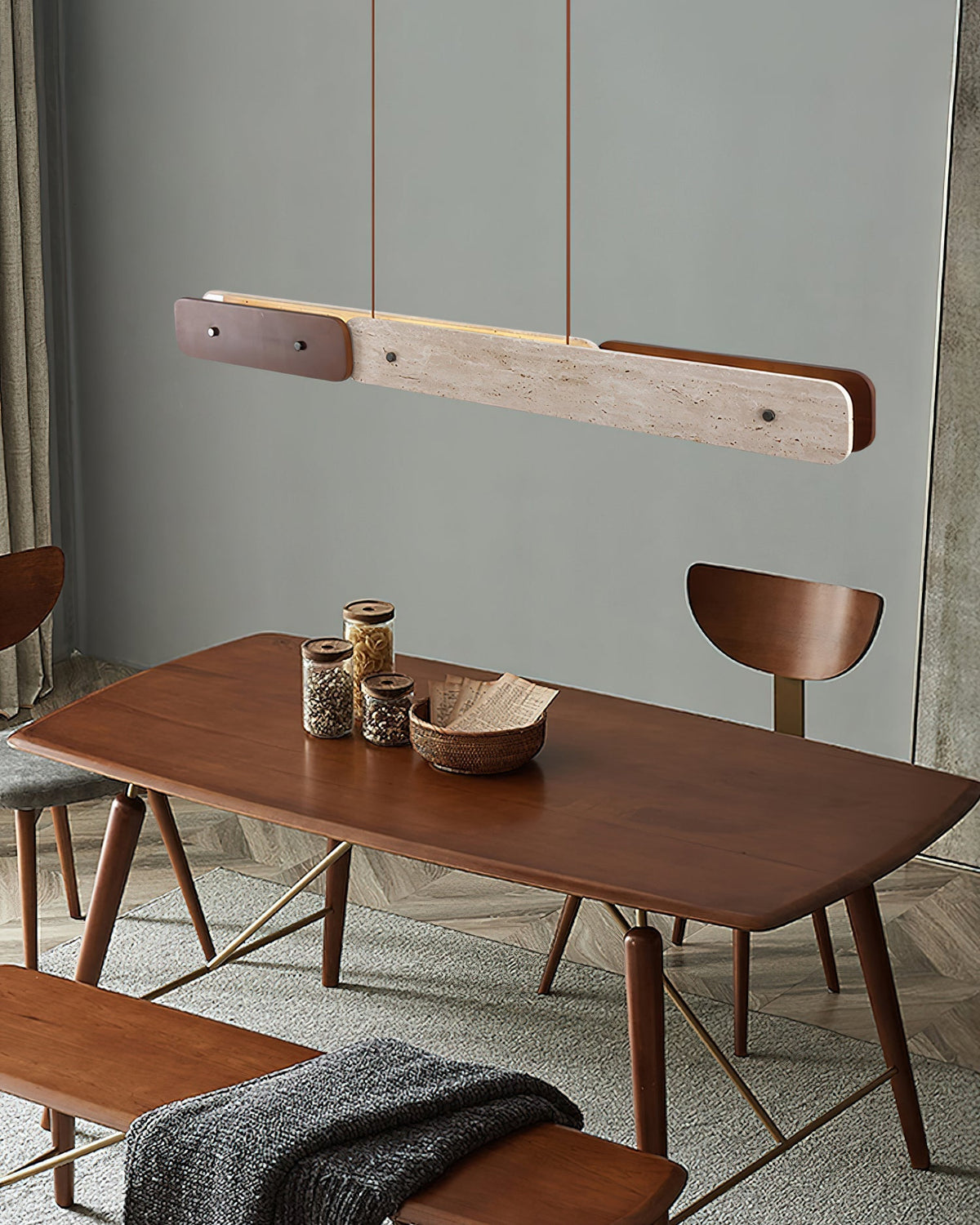 Detail shot of the walnut wood accents on the Aluet Linear Chandelier.