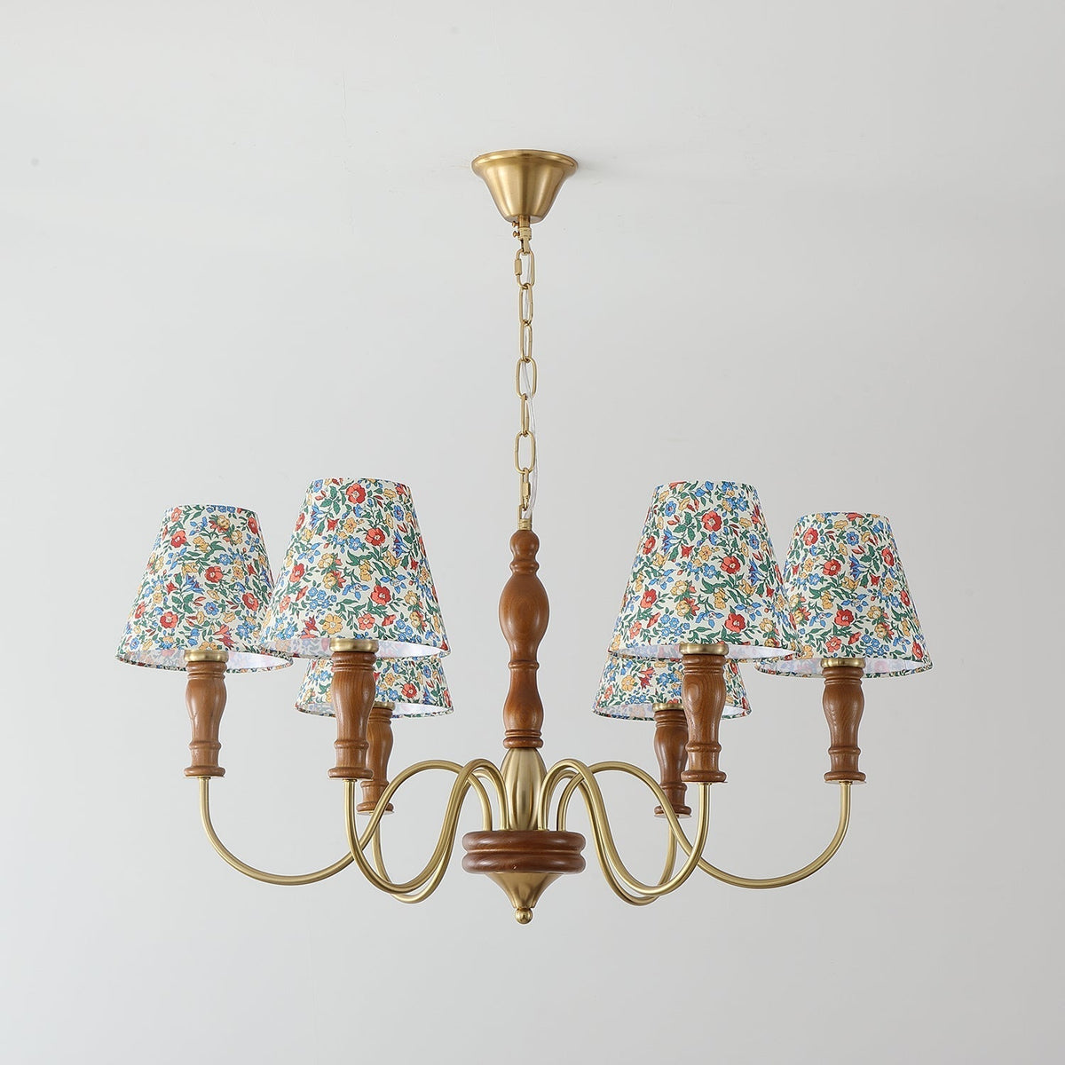 Florinda Floral Fabric Shade Chandelier with Wooden Arms-Neutral Decor