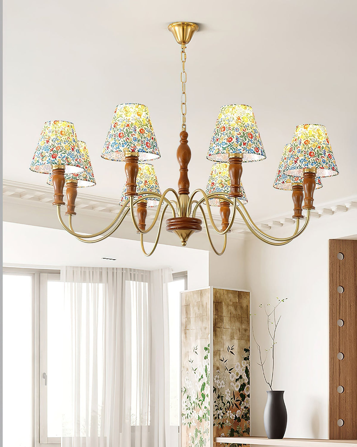 Florinda Floral Fabric Shade Chandelier with Wooden Arms-Neutral Decor