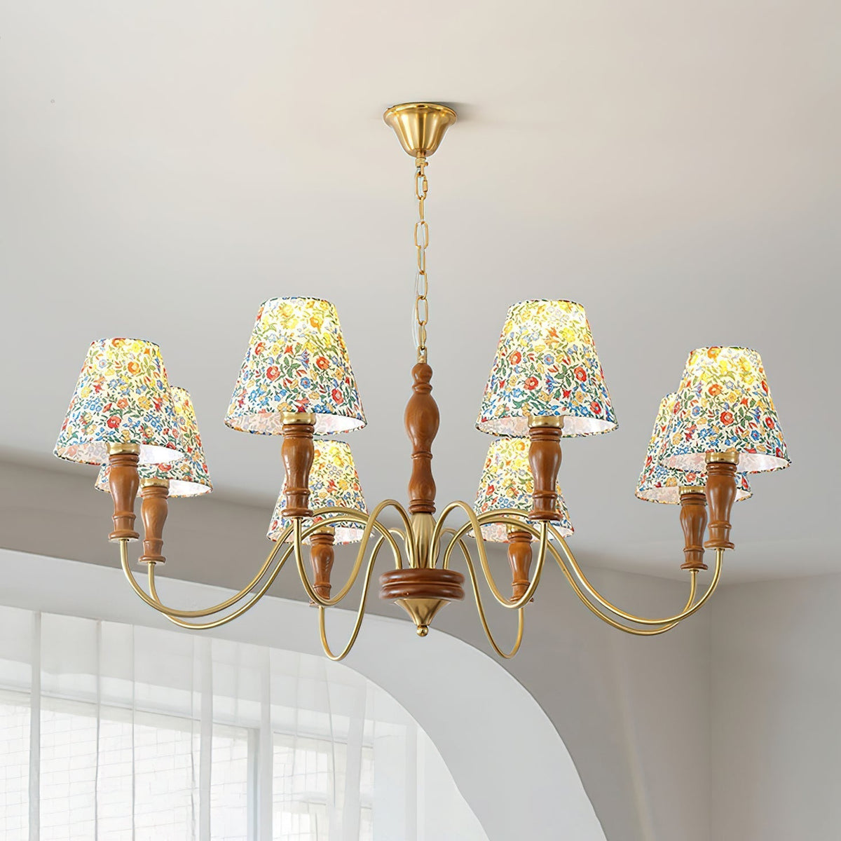 Florinda Floral Fabric Shade Chandelier with Wooden Arms-Neutral Decor