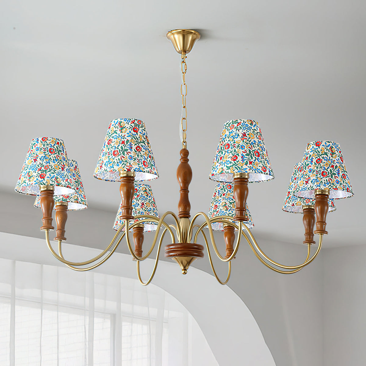Florinda Floral Fabric Shade Chandelier with Wooden Arms-Neutral Decor