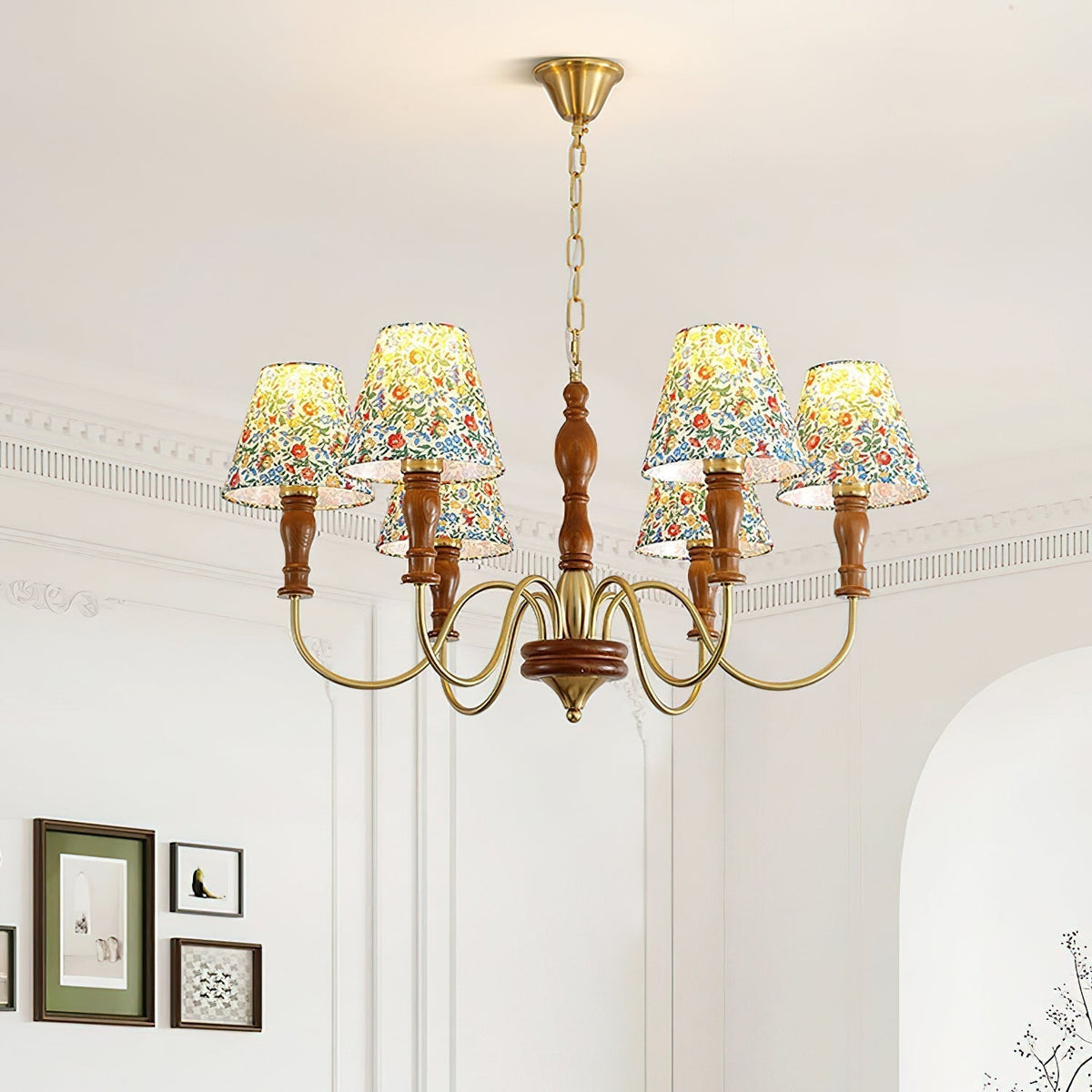 Florinda Floral Fabric Shade Chandelier with Wooden Arms-Neutral Decor