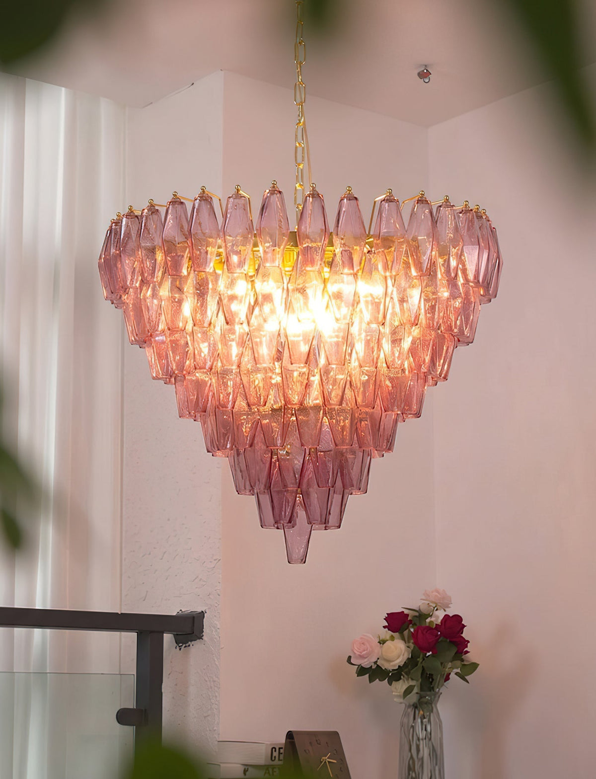 Detail of the brass-plated framework supporting the Ametista Glass Chandelier.