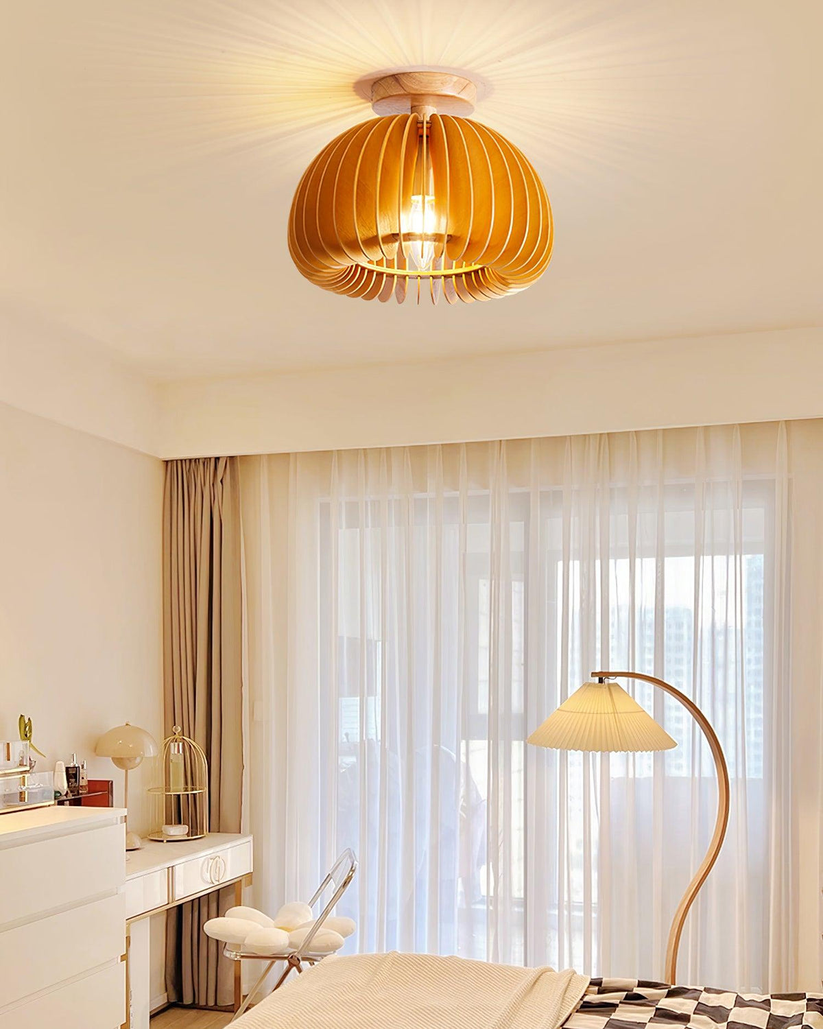 Ceiling Light Pumpkin with Basswood Canopy and Shade Natural-Neutral Decor