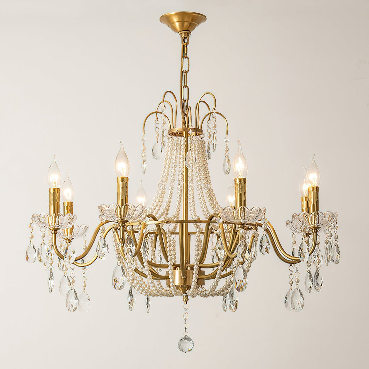 View from below of the Arcadia Crystal Chandelier, showing the bulb sockets.