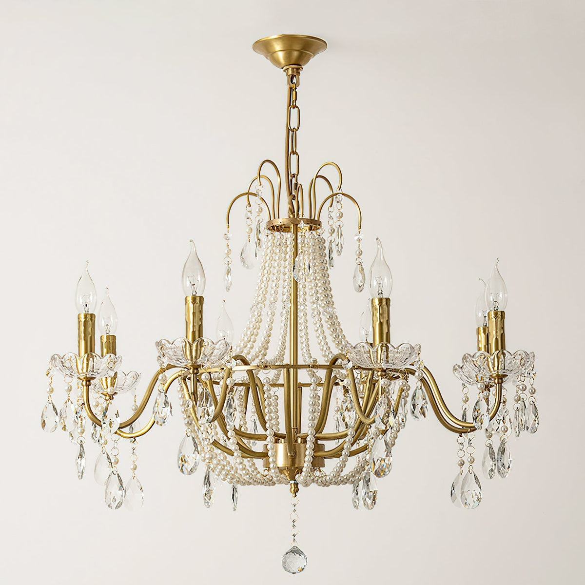 Angled view of the Arcadia Crystal Chandelier showcasing its tiered design.