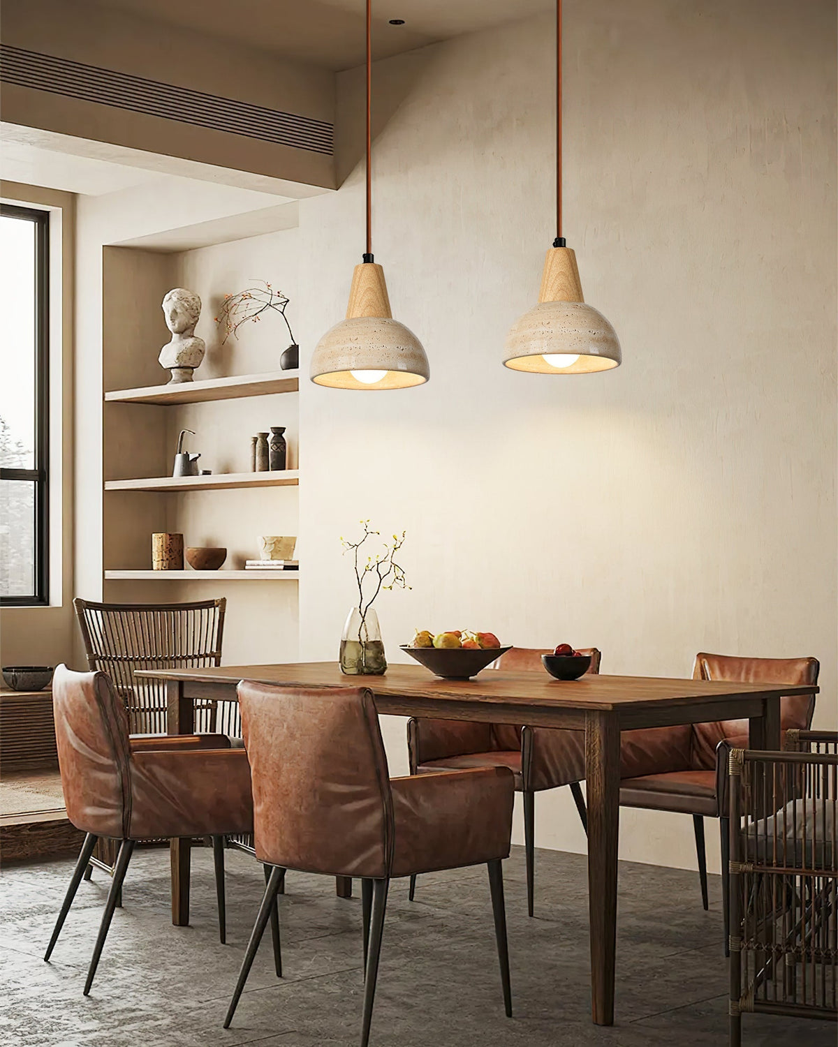 Detail shot of the wooden accent piece on top of the Arluoe Pendant Lamp.