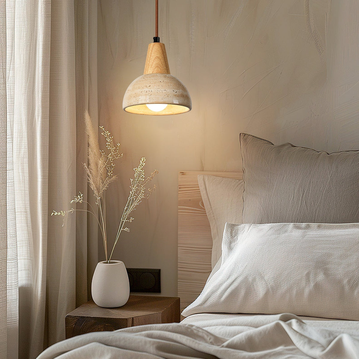 Close-up view of the natural texture and pattern of the Arluoe lamp's yellow travertine shade.
