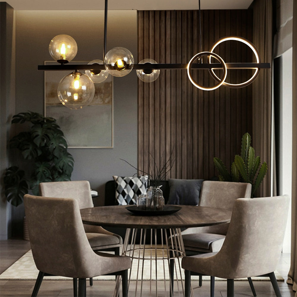 Valentina Suspension Anneau/Ronde Moderne, Métal/Verre, Noir/Doré, Salon
