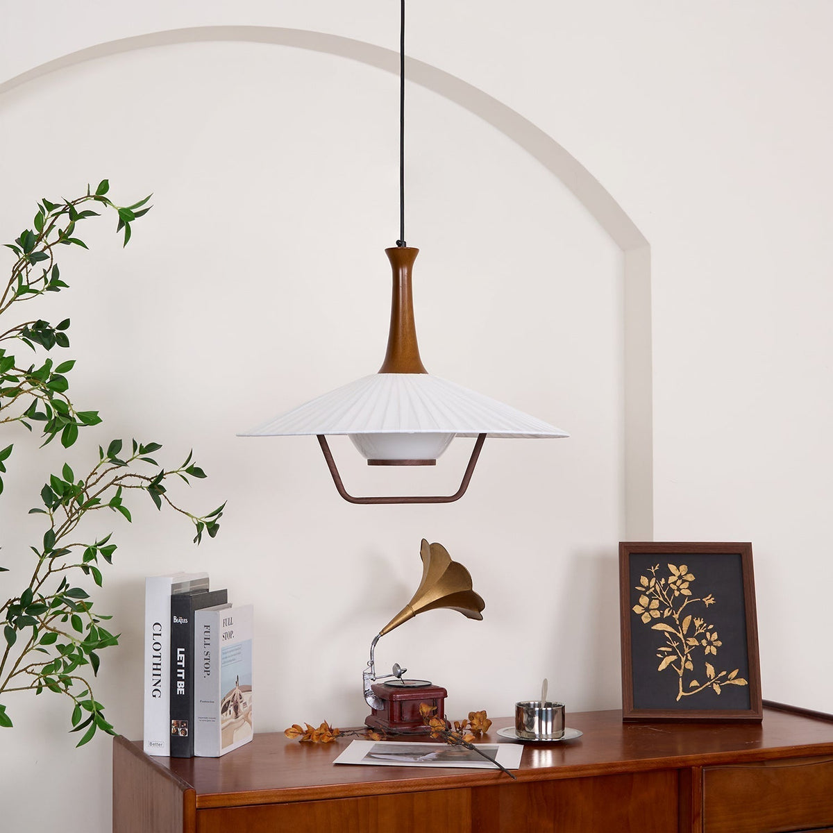 Vionne Mid-Century Wood and White Pendant Lamp-Neutral Decor