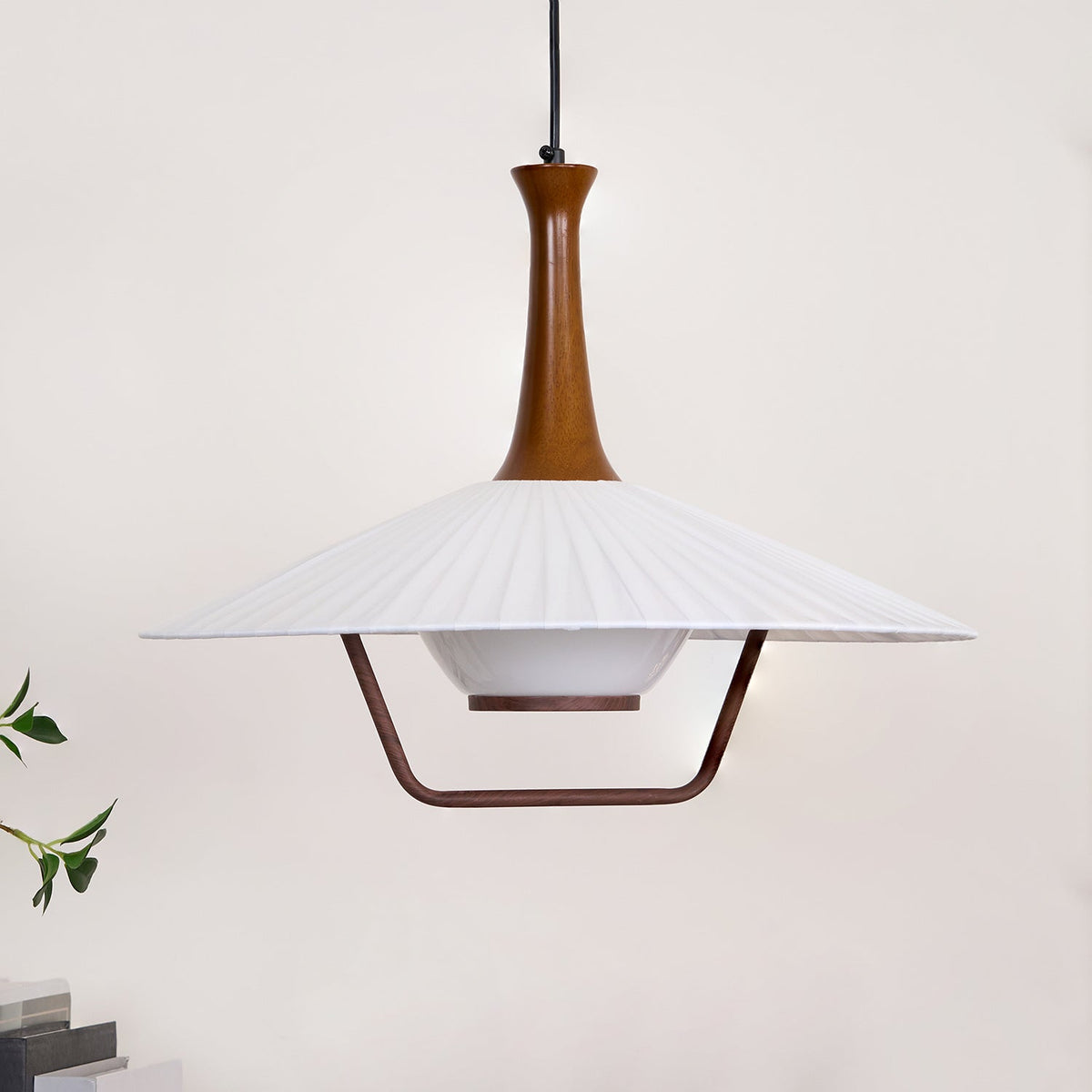 Vionne Mid-Century Wood and White Pendant Lamp-Neutral Decor