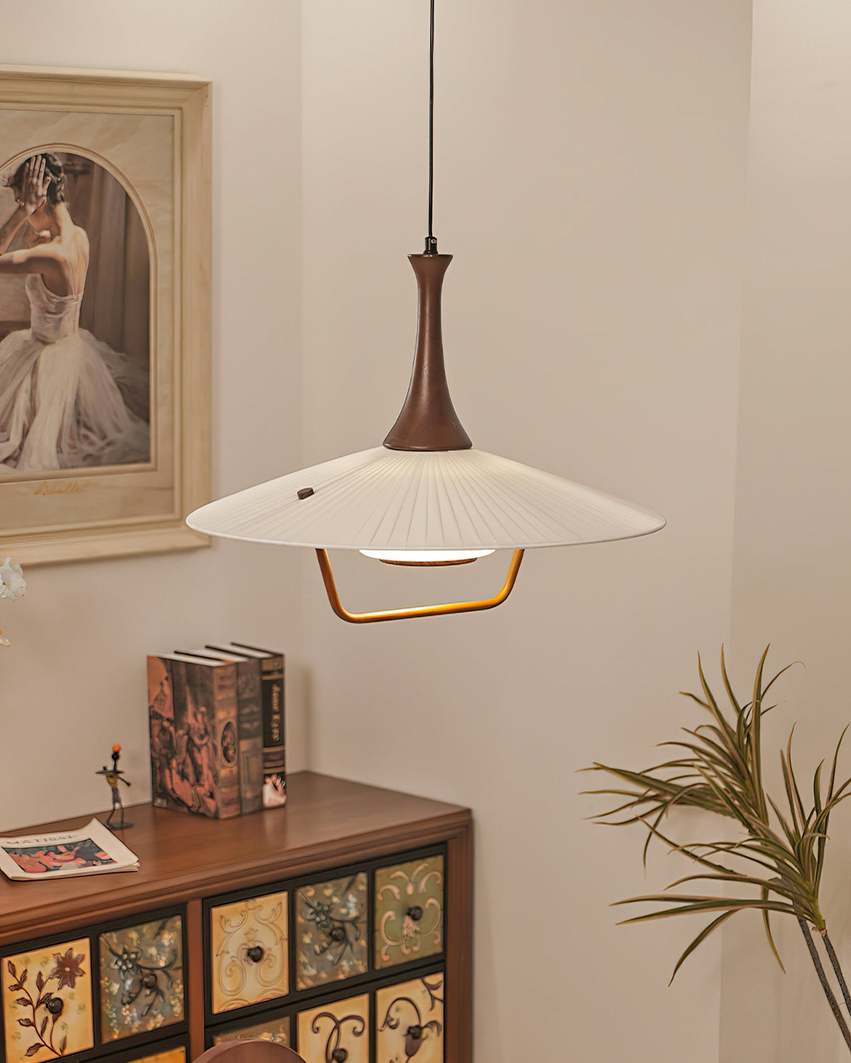 Vionne Mid-Century Wood and White Pendant Lamp-Neutral Decor