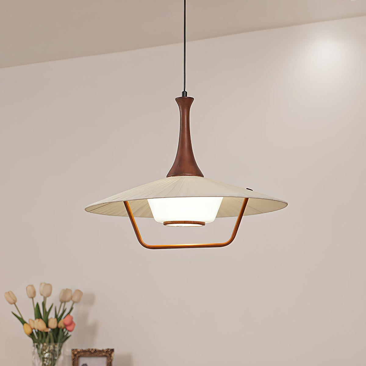 Vionne Mid-Century Wood and White Pendant Lamp-Neutral Decor