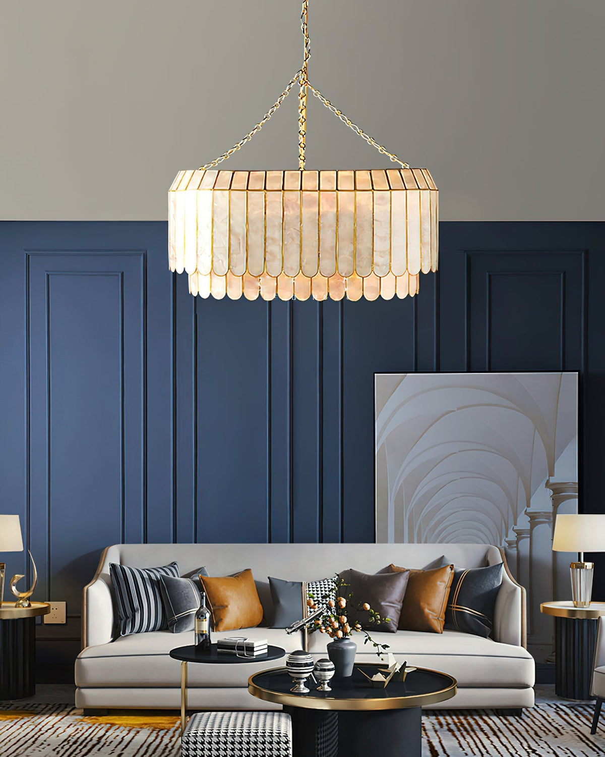 The pendant lamp hanging over a dining table, creating an elegant ambiance.