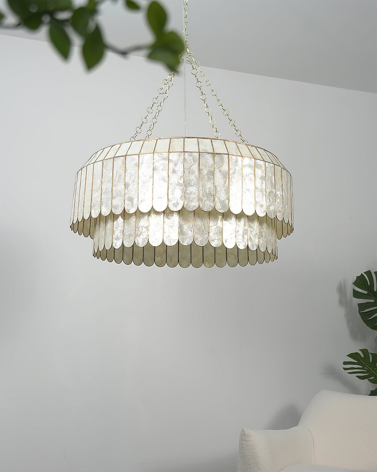 Small size (15.7 inch) Aurelia Capiz Pendant Lamp on a white background.