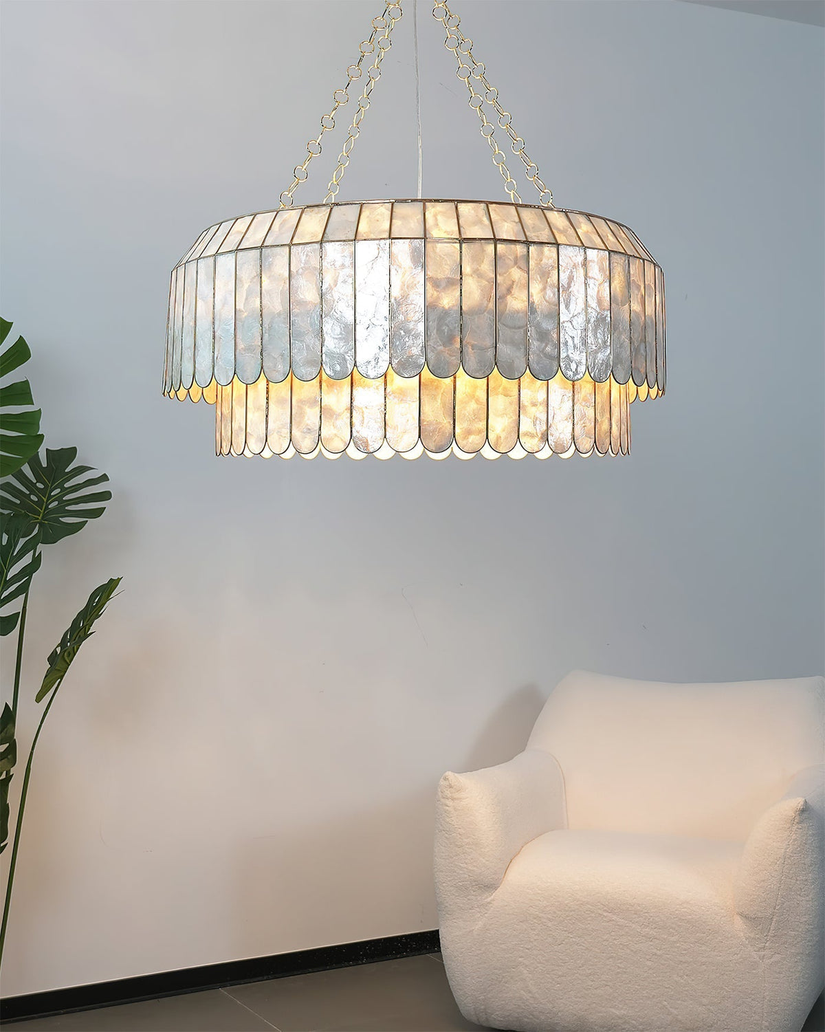 Aurelia Capiz Pendant Lamp shown unlit in a bright room.