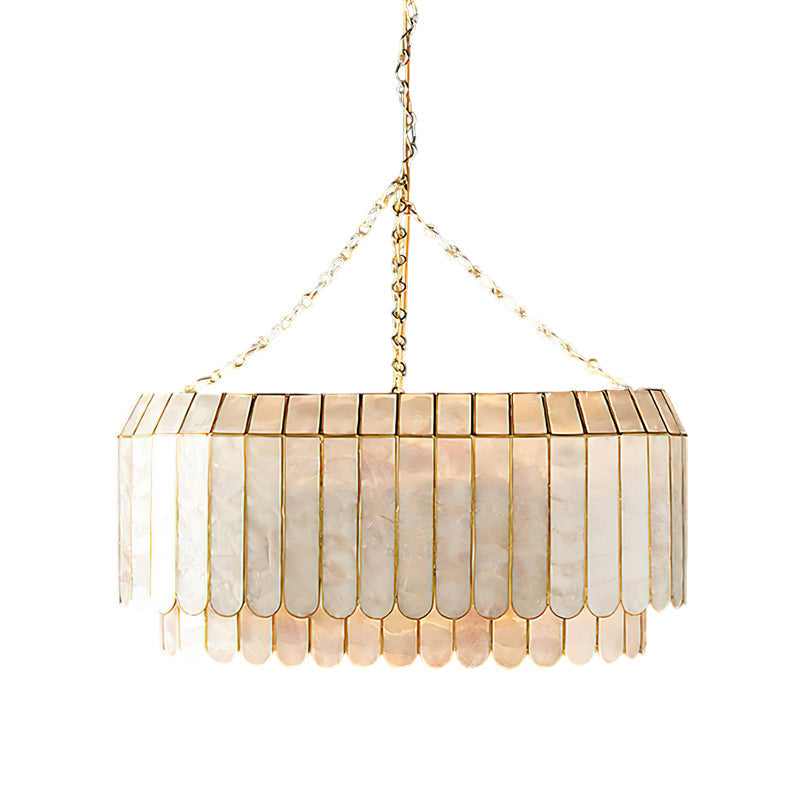 Comparison of the three available sizes of the Aurelia Capiz Pendant Lamp.