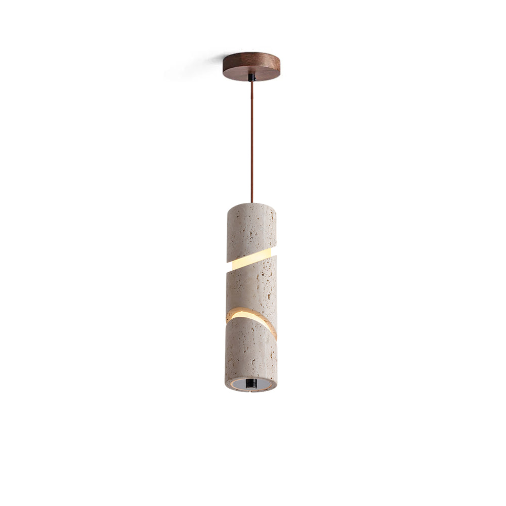 Awsinil Pendant Lamp with travertine body and wood accent.