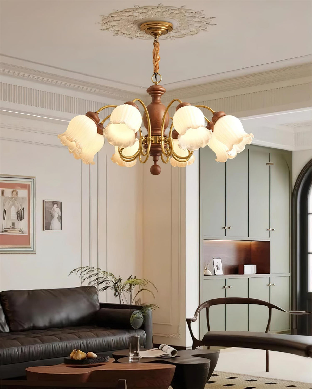 Chandelier Tulip Glass Shades Walnut Wood Frame Rustic-Neutral Decor