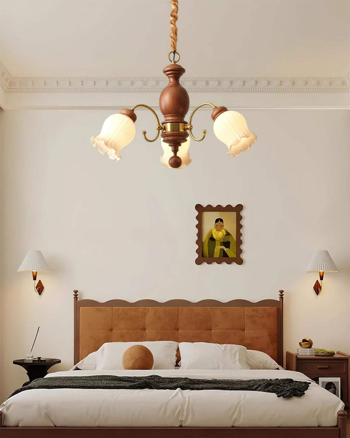 Chandelier Tulip Glass Shades Walnut Wood Frame Rustic-Neutral Decor
