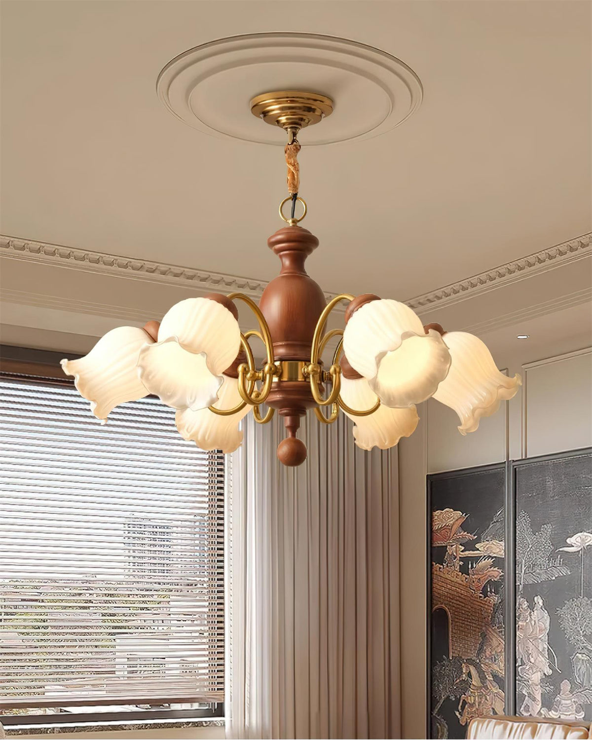 Chandelier Tulip Glass Shades Walnut Wood Frame Rustic-Neutral Decor
