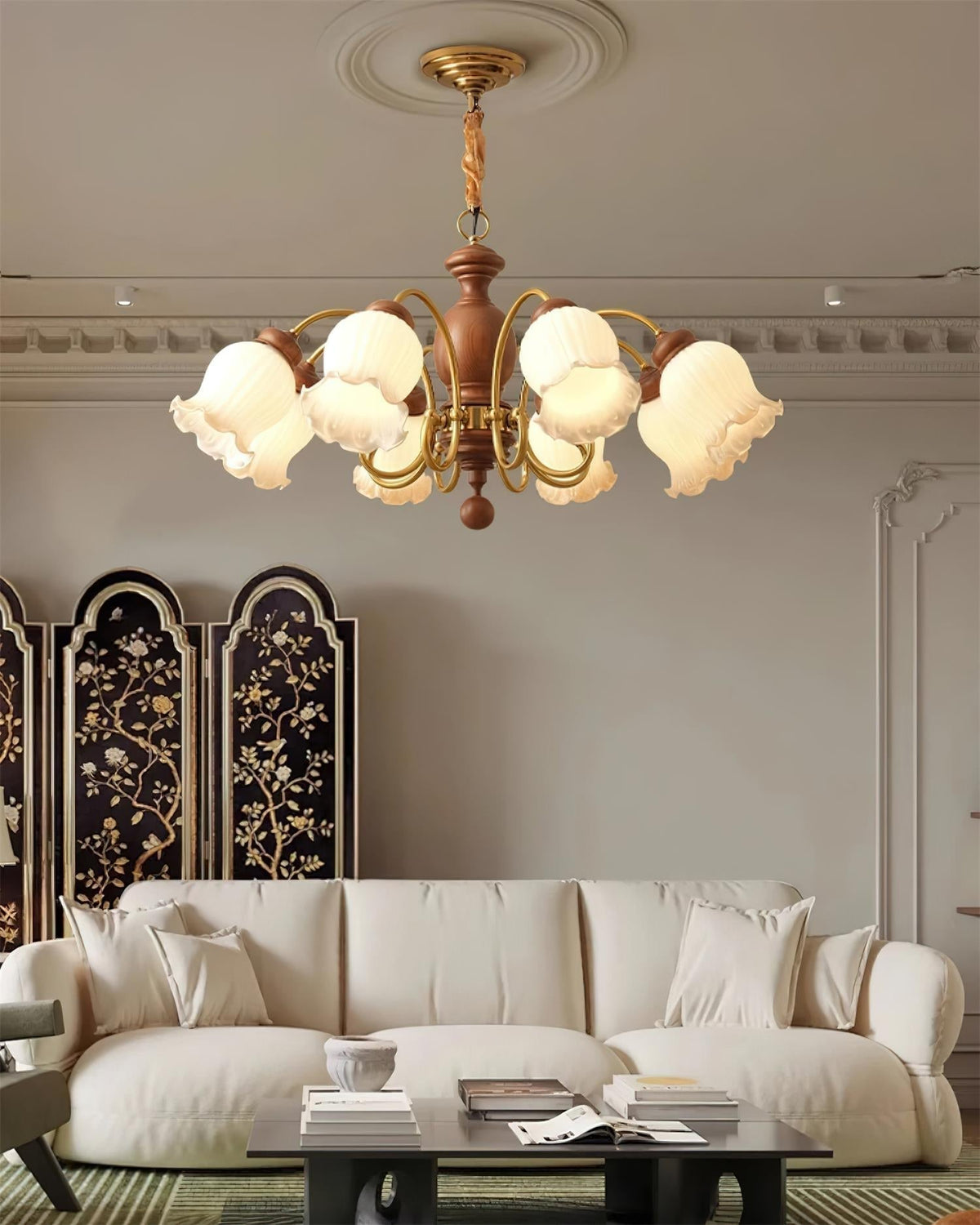 Chandelier Tulip Glass Shades Walnut Wood Frame Rustic-Neutral Decor