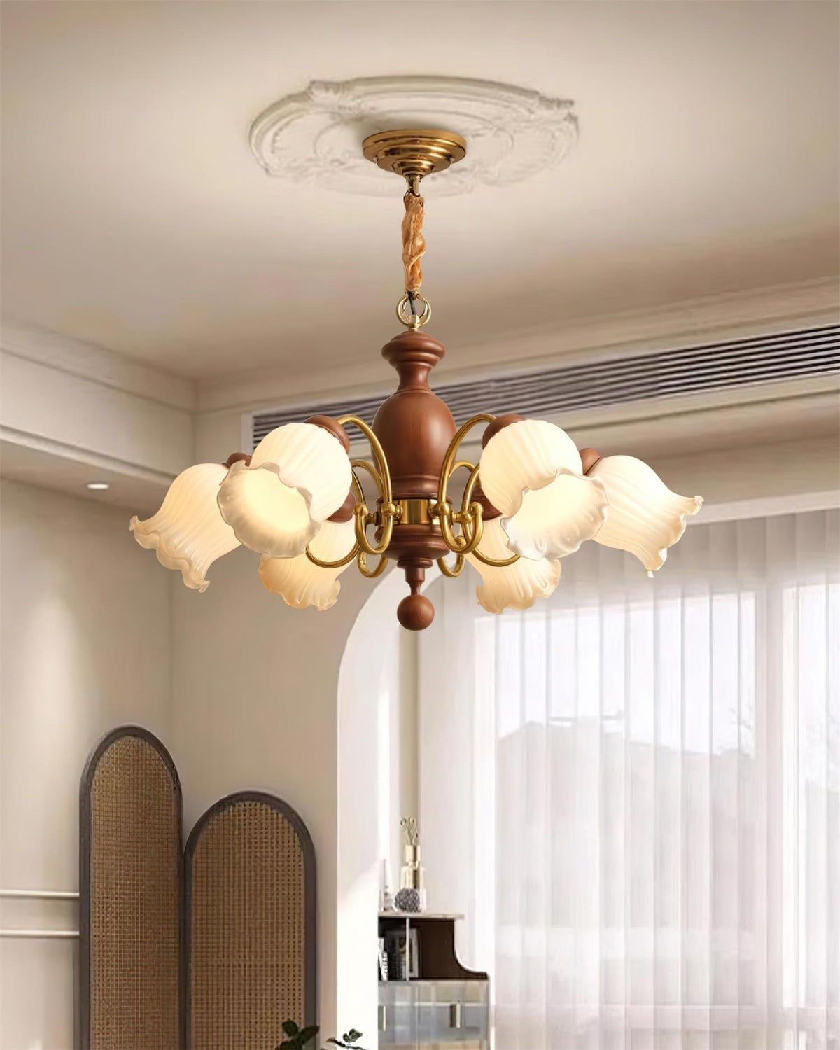 Chandelier Tulip Glass Shades Walnut Wood Frame Rustic-Neutral Decor
