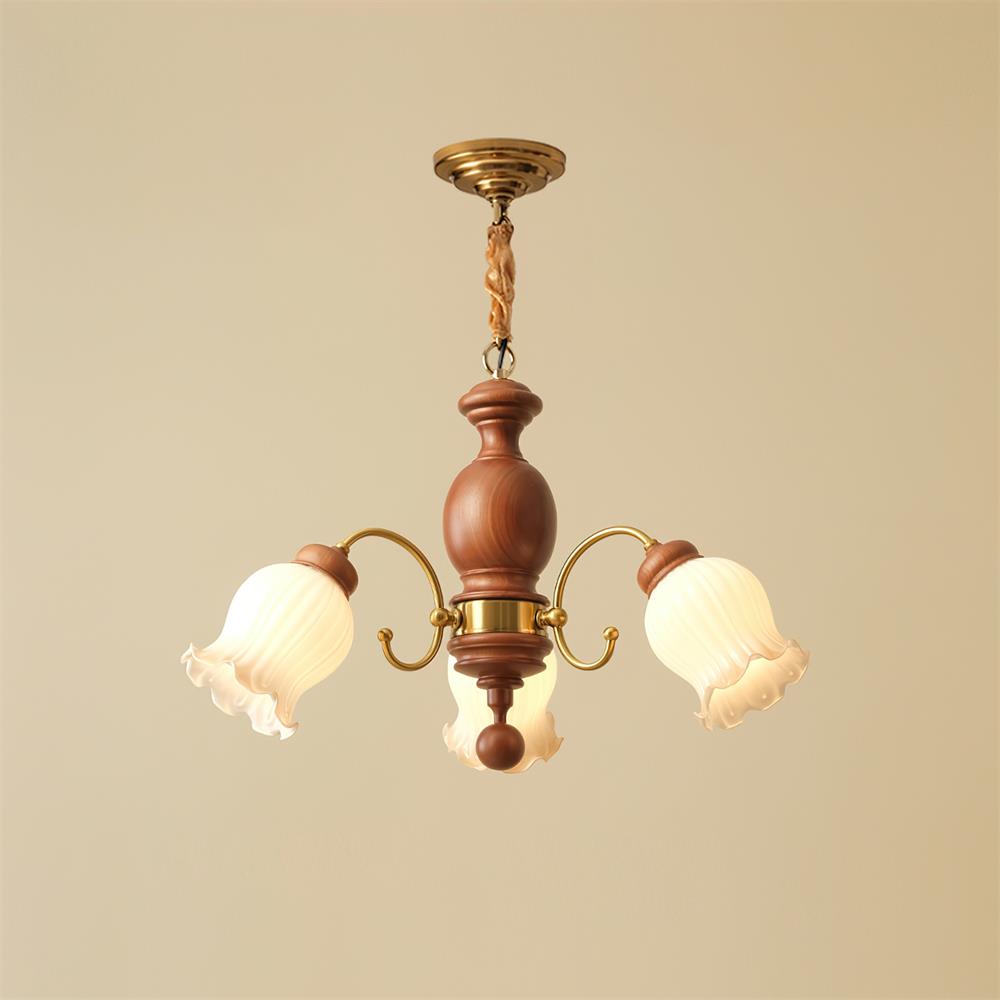 Chandelier Tulip Glass Shades Walnut Wood Frame Rustic-Neutral Decor