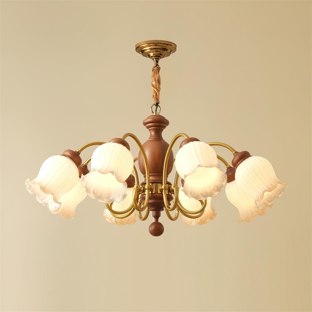 Chandelier Tulip Glass Shades Walnut Wood Frame Rustic-Neutral Decor