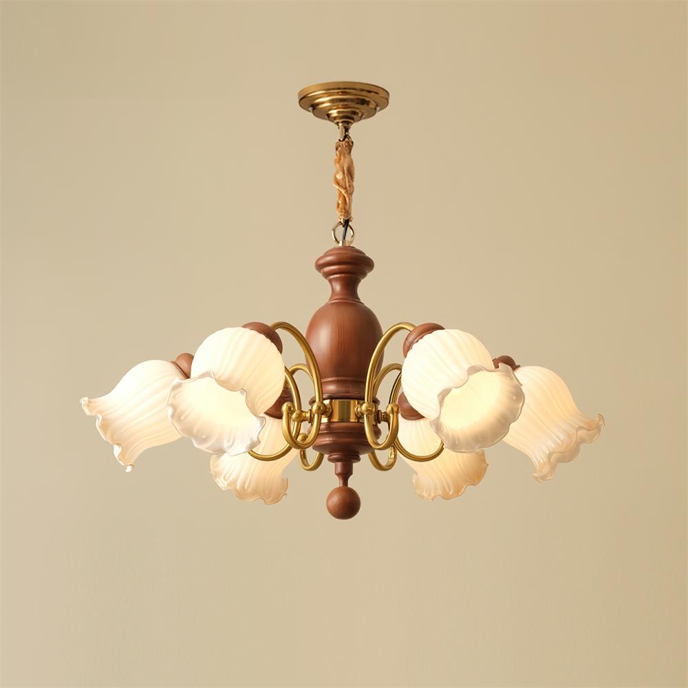Chandelier Tulip Glass Shades Walnut Wood Frame Rustic-Neutral Decor