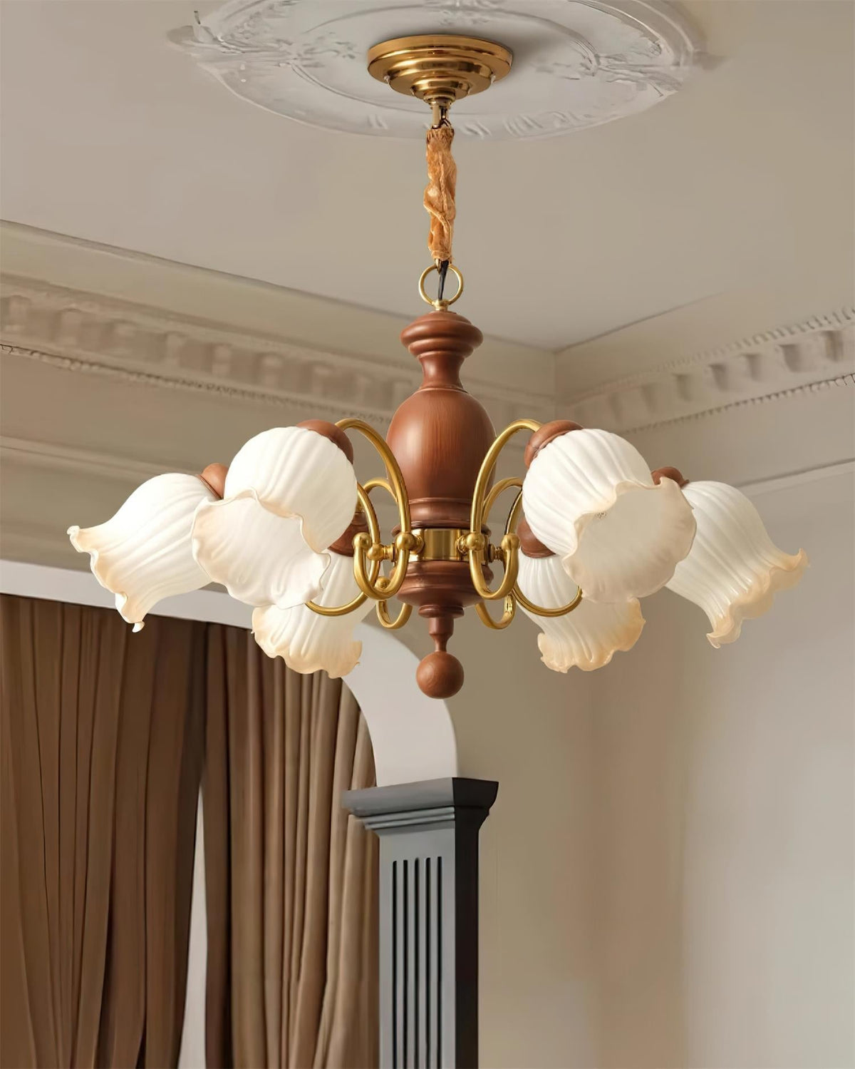 Chandelier Tulip Glass Shades Walnut Wood Frame Rustic-Neutral Decor