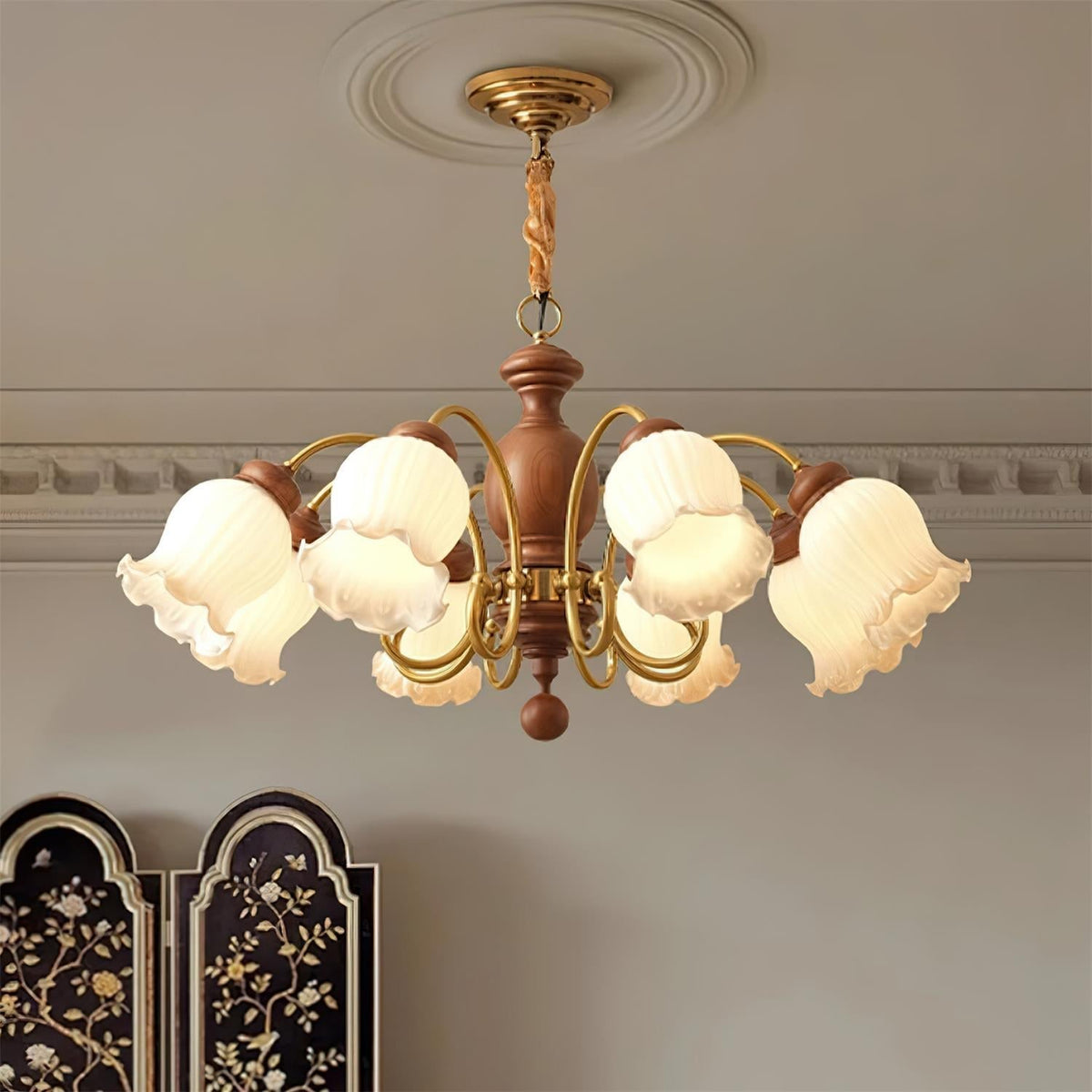 Chandelier Tulip Glass Shades Walnut Wood Frame Rustic-Neutral Decor