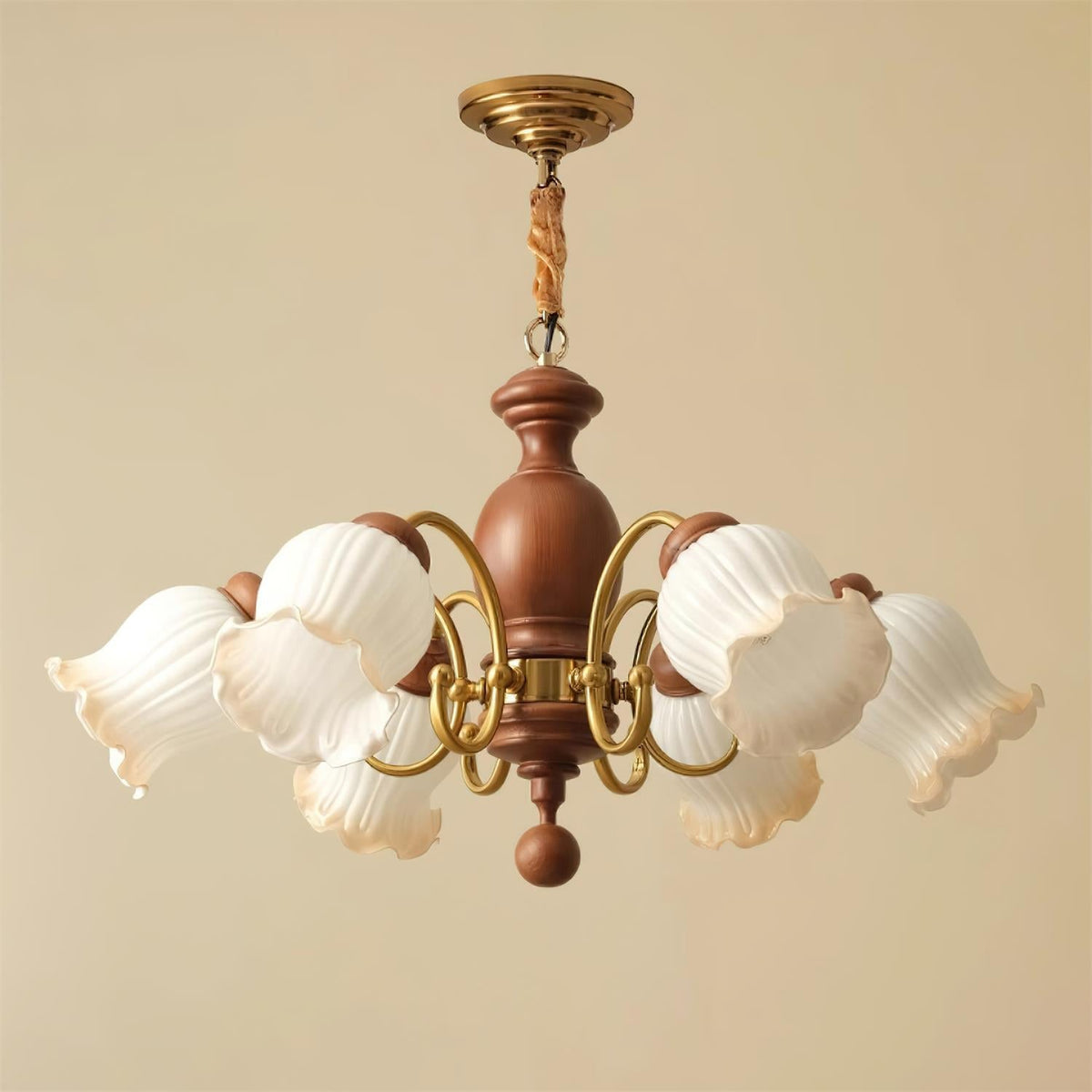 Chandelier Tulip Glass Shades Walnut Wood Frame Rustic-Neutral Decor