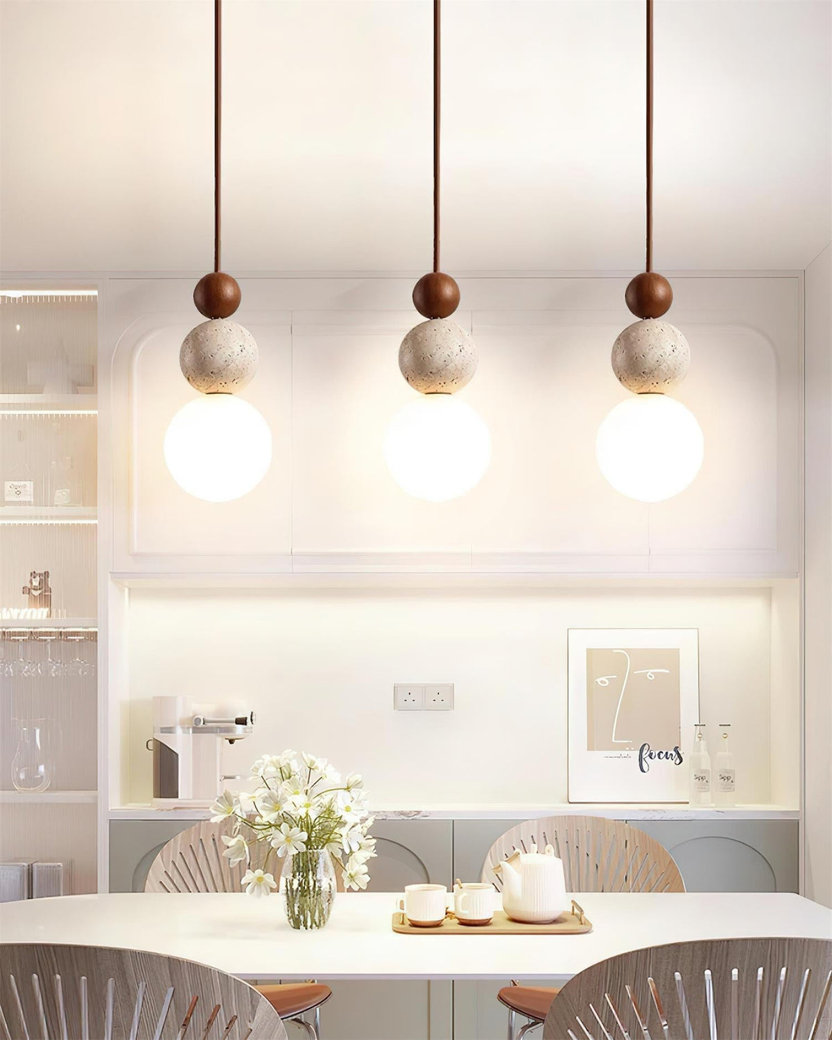 Giona Pendant Lamp Globe Travertine Wood Neutral-Neutral Decor