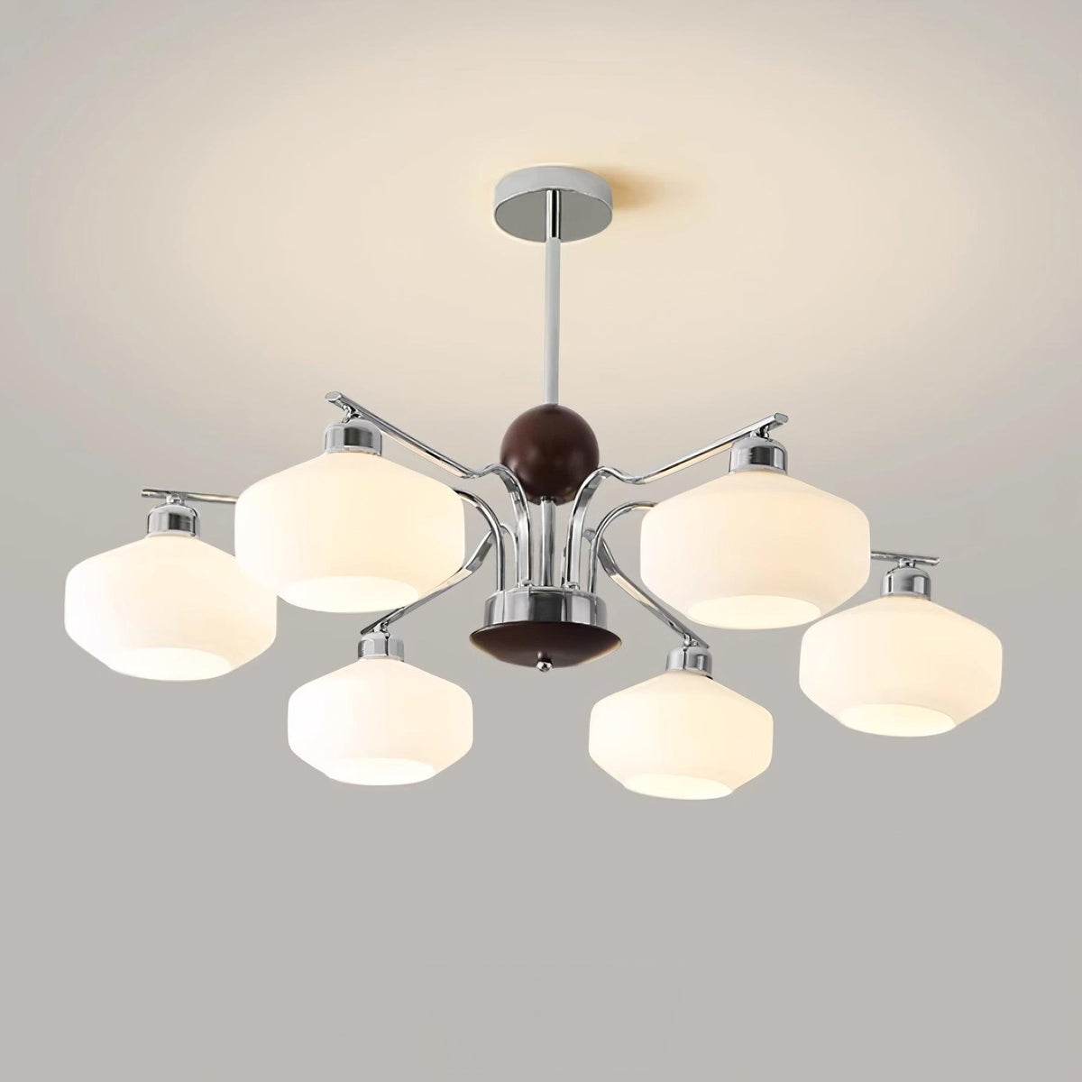 Chandelier White Glass Shades Chrome Walnut Arms Retro-Neutral Decor