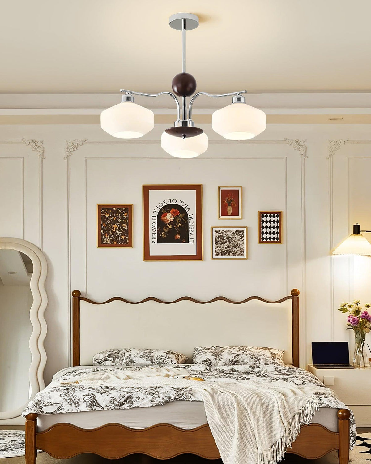 Chandelier White Glass Shades Chrome Walnut Arms Retro-Neutral Decor