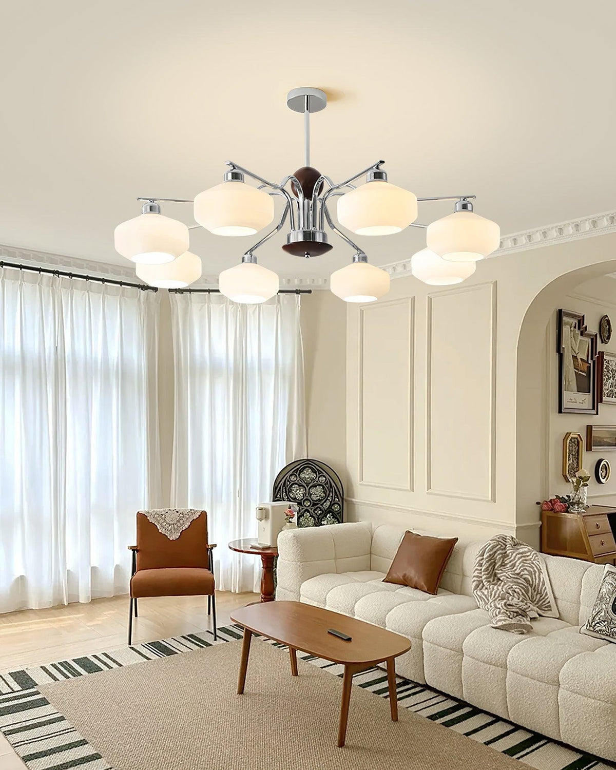 Chandelier White Glass Shades Chrome Walnut Arms Retro-Neutral Decor
