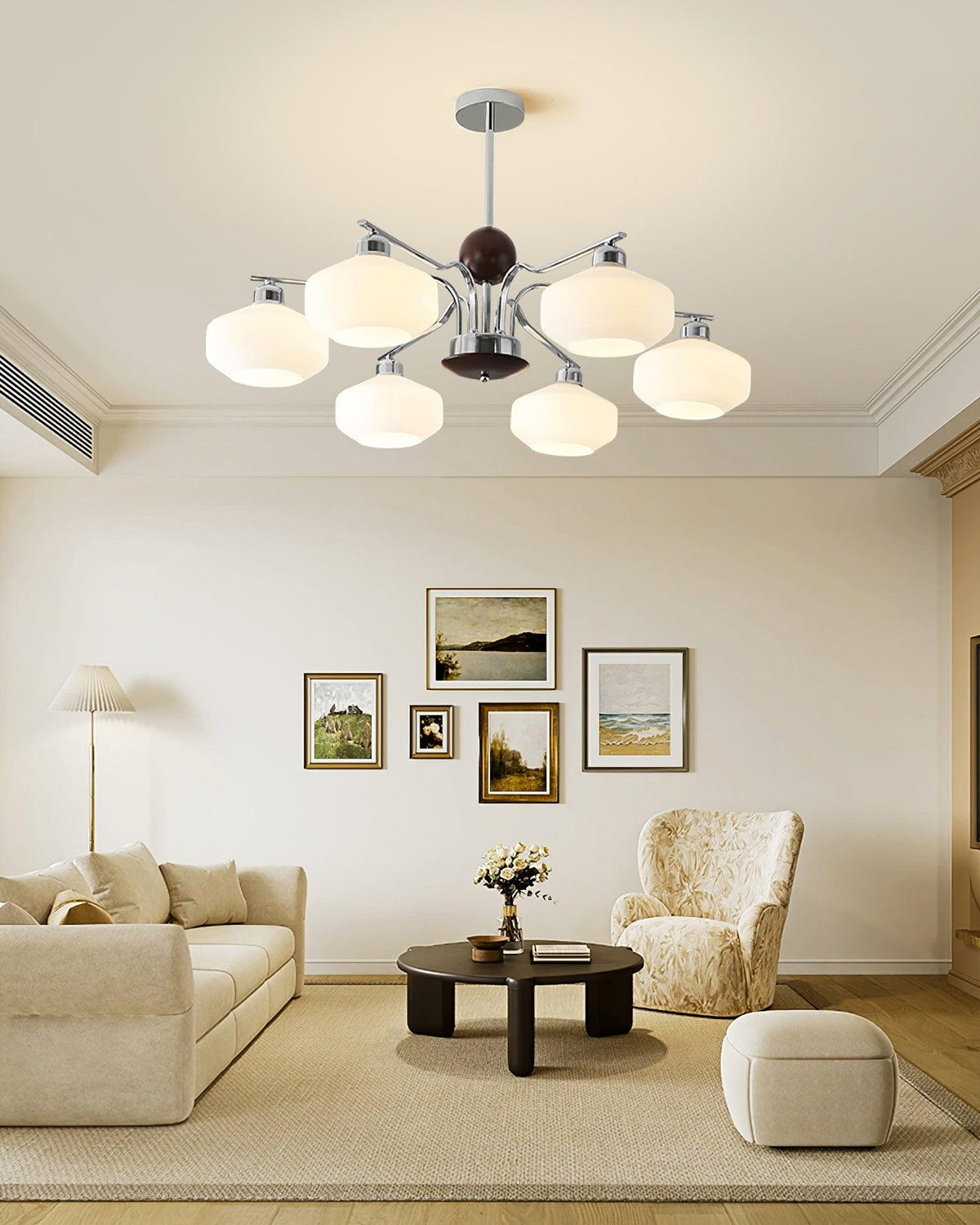 Chandelier White Glass Shades Chrome Walnut Arms Retro-Neutral Decor