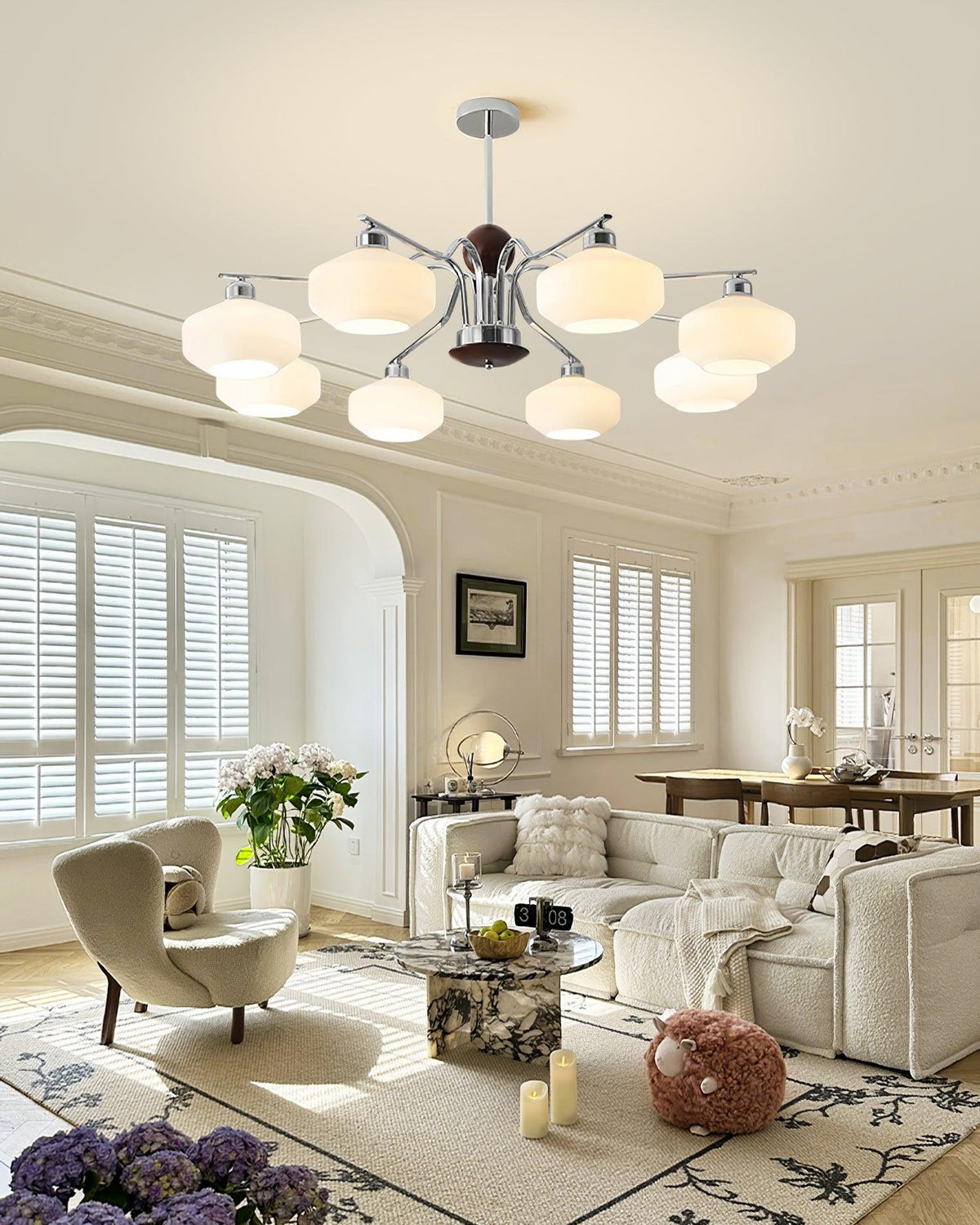 Chandelier White Glass Shades Chrome Walnut Arms Retro-Neutral Decor