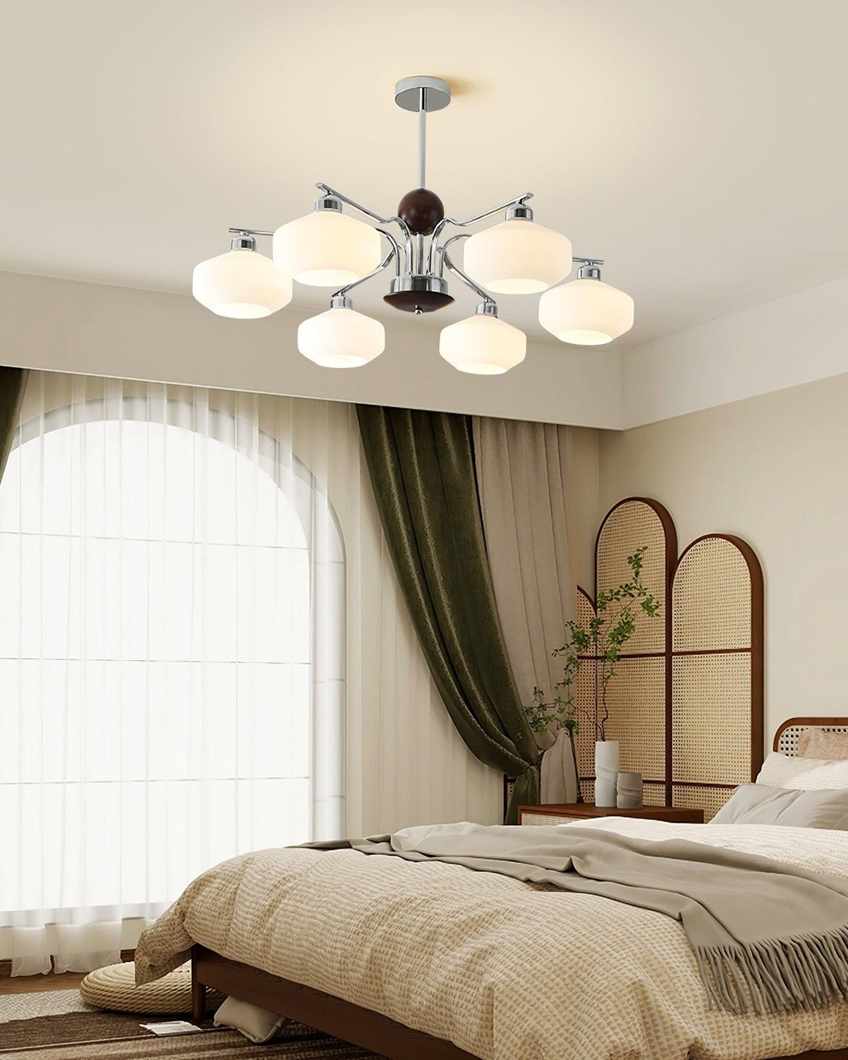 Chandelier White Glass Shades Chrome Walnut Arms Retro-Neutral Decor